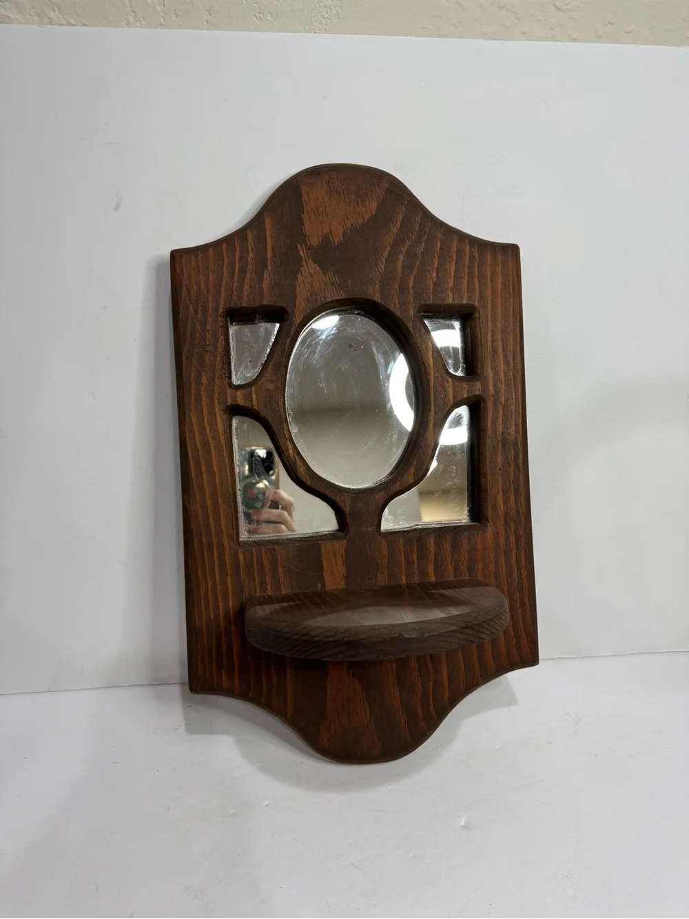 Vintage Carved Wood Wall Mirror with Display Shelf